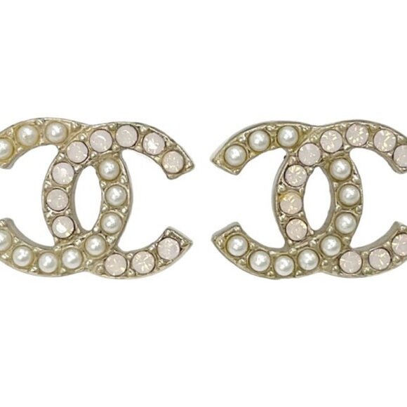 CHANEL CC Logos Rhinestone Pearl Stud Earrings Gold Tone A12P Auth #26210 - Picture 1 of 6
